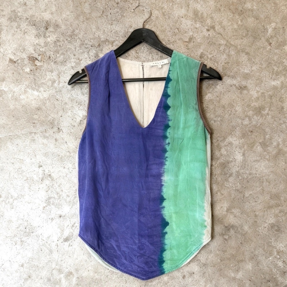 Sandro Silk Sleeveless Blouse Top Blue Green V Neck size 1‎ / Small